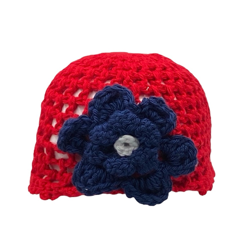 Girl's Hand-Crocheted Red and Navy Flower Beanie